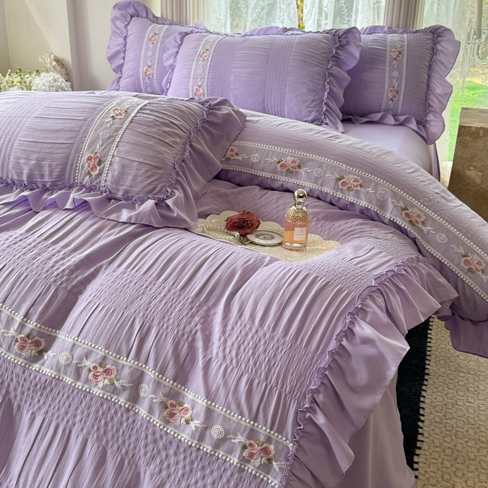 91家纺网 家纺一手货源 找家纺 仟网汇 2024新款韩版泡泡纱刺绣花边四件套 泡泡纱-薰衣草紫