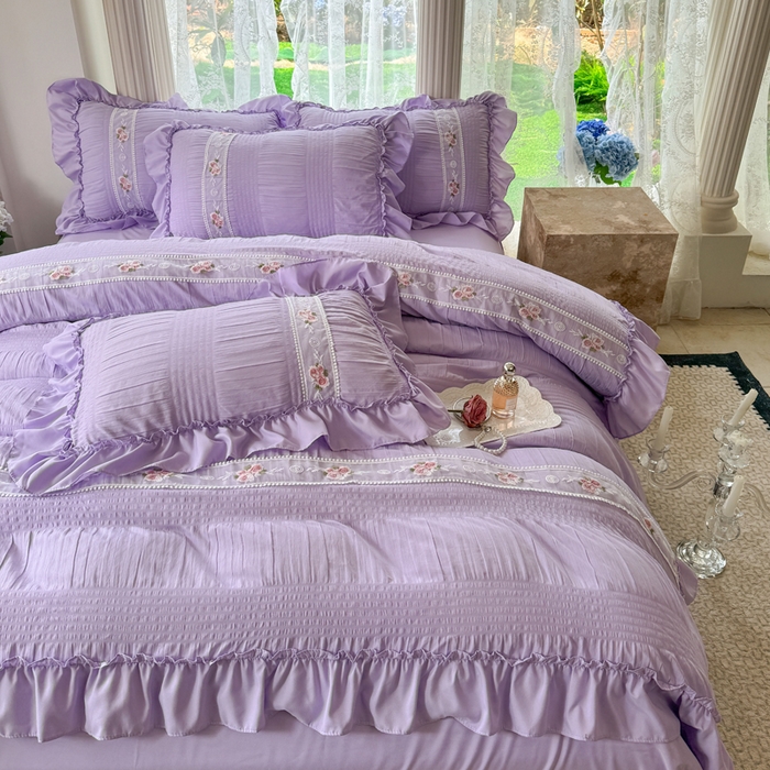 91家纺网 家纺一手货源 找家纺 仟网汇 2024新款韩版泡泡纱刺绣花边四件套 泡泡纱-薰衣草紫