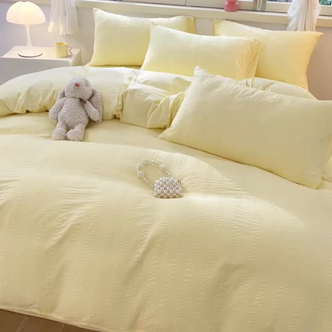 91家纺网 家纺一手货源 找家纺 梦之岛 2024新款小清新泡泡纱安妮系列水洗磨毛四件套 安妮-黄