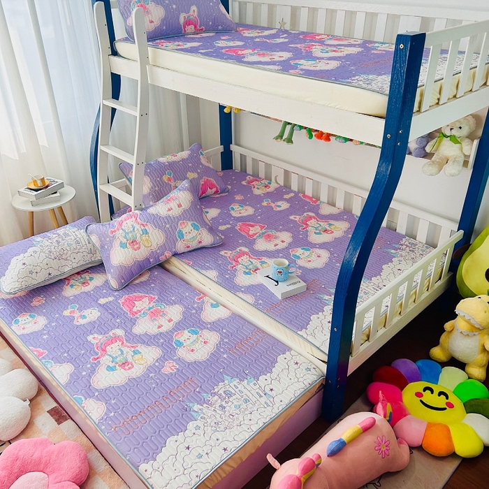 91家纺网 家纺一手货源 找家纺 小虾米 2024新款上下床乳胶凉席床笠款印花凉席三件套 梦幻城堡