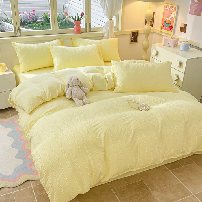 91家纺网 家纺一手货源 找家纺 梦之岛 2024新款小清新泡泡纱安妮系列水洗磨毛四件套 安妮-黄