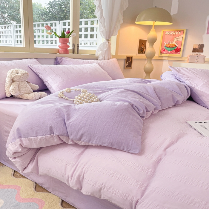 91家纺网 家纺一手货源 找家纺 梦之岛 2024新款小清新泡泡纱安妮系列水洗磨毛四件套 安妮-紫