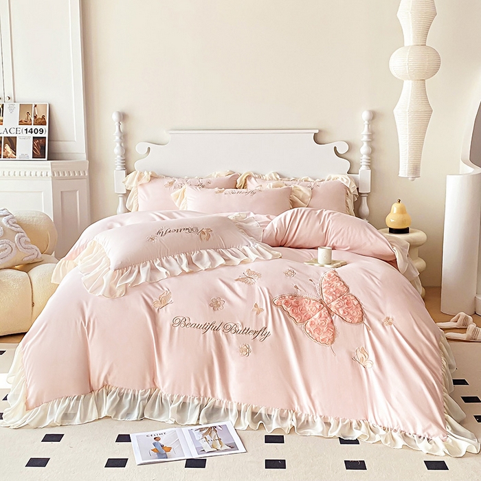 91家纺网 家纺一手货源 找家纺 富盛 2024新款水洗亲肤棉立体刺绣四件套公主风四件套-蝴蝶系列 蝴蝶-粉