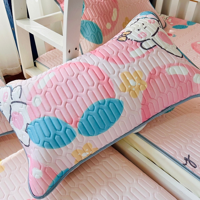 91家纺网 家纺一手货源 找家纺 小虾米 2024新款上下床乳胶凉席床笠款印花凉席三件套 桃兔兔粉