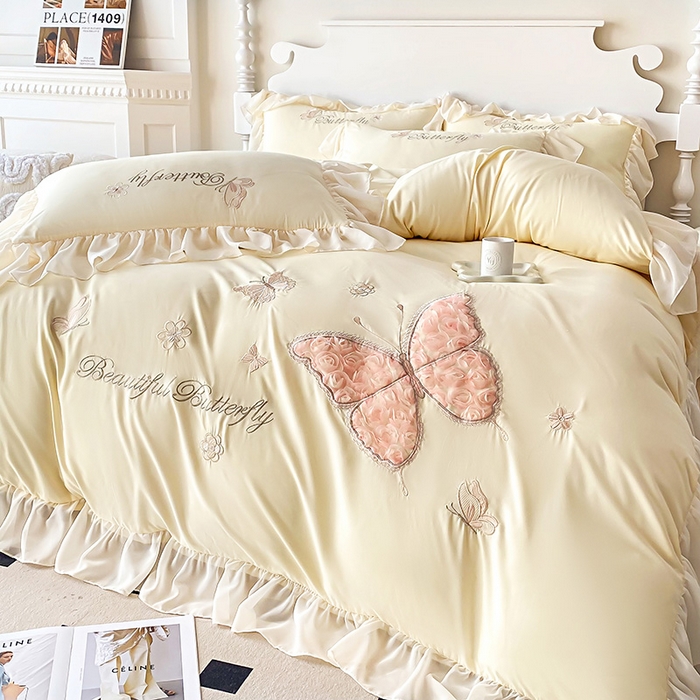 91家纺网 家纺一手货源 找家纺 富盛 2024新款水洗亲肤棉立体刺绣四件套公主风四件套-蝴蝶系列 蝴蝶-黄