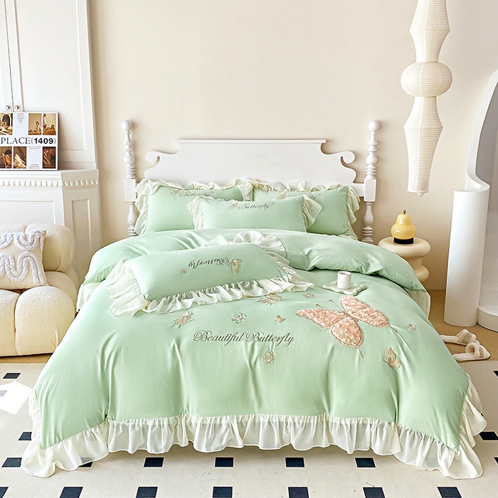 91家纺网 家纺一手货源 找家纺 富盛 2024新款水洗亲肤棉立体刺绣四件套公主风四件套-蝴蝶系列 蝴蝶-嫩绿