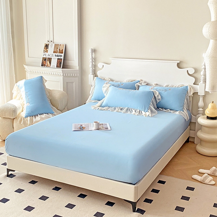 91家纺网 家纺一手货源 找家纺 富盛 2024新款水洗亲肤棉立体刺绣四件套公主风四件套-蝴蝶系列 蝴蝶-蓝