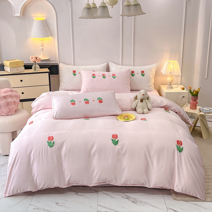 91家纺网 家纺一手货源 找家纺 艾米家居 2025水洗真丝四件套毛巾绣四件套-郁金香系列 粉