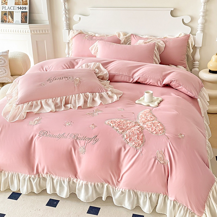 91家纺网 家纺一手货源 找家纺 富盛 2024新款水洗亲肤棉立体刺绣四件套公主风四件套-蝴蝶系列 蝴蝶-豆沙