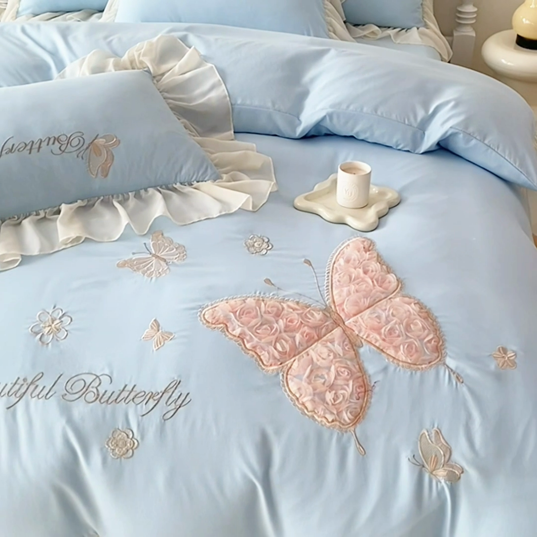 91家纺网 家纺一手货源 找家纺 富盛 2024新款水洗亲肤棉立体刺绣四件套公主风四件套-蝴蝶系列 蝴蝶-蓝