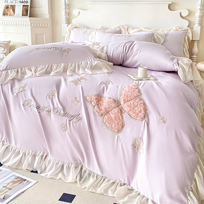 91家纺网 家纺一手货源 找家纺 富盛 2024新款水洗亲肤棉立体刺绣四件套公主风四件套-蝴蝶系列 蝴蝶-紫