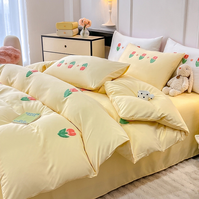 91家纺网 家纺一手货源 找家纺 艾米家居 2025水洗真丝四件套毛巾绣四件套-郁金香系列 黄