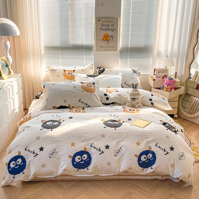 91家纺网 家纺一手货源 找家纺 2024新款全棉印花四件套 毛球怪