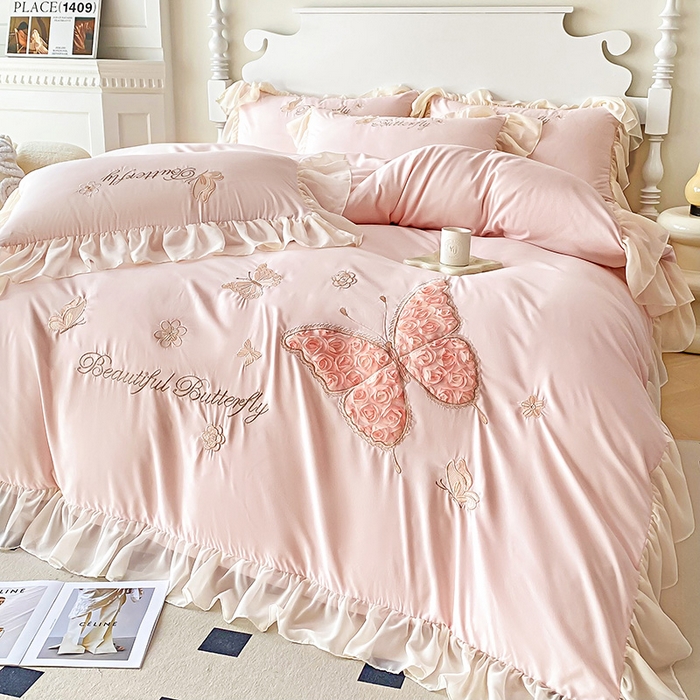 91家纺网 家纺一手货源 找家纺 富盛 2024新款水洗亲肤棉立体刺绣四件套公主风四件套-蝴蝶系列 蝴蝶-粉