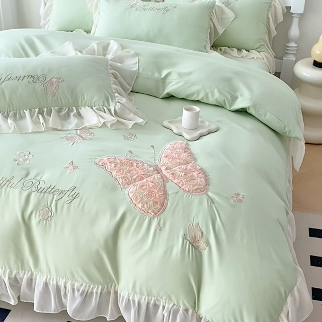 91家纺网 家纺一手货源 找家纺 富盛 2024新款水洗亲肤棉立体刺绣四件套公主风四件套-蝴蝶系列 蝴蝶-嫩绿