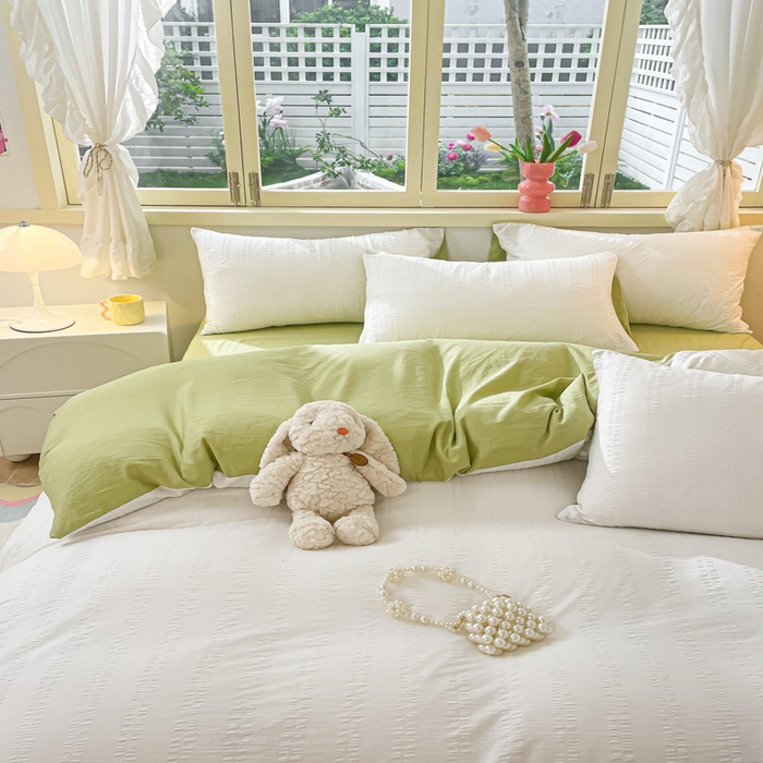 91家纺网 家纺一手货源 找家纺 梦之岛 2024新款小清新泡泡纱安妮系列水洗磨毛四件套 安妮-白绿