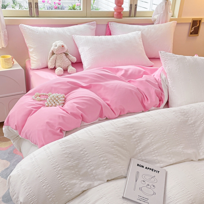 91家纺网 家纺一手货源 找家纺 梦之岛 2024新款小清新泡泡纱安妮系列水洗磨毛四件套 安妮-白粉