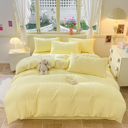 91家纺网 家纺一手货源 找家纺 梦之岛 2024新款小清新泡泡纱安妮系列水洗磨毛四件套 安妮-黄