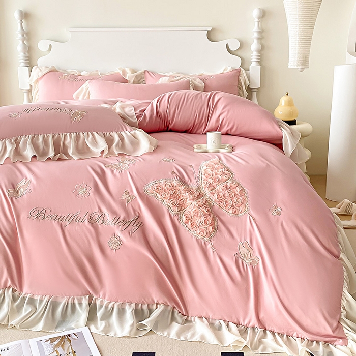 91家纺网 家纺一手货源 找家纺 富盛 2024新款水洗亲肤棉立体刺绣四件套公主风四件套-蝴蝶系列 蝴蝶-豆沙