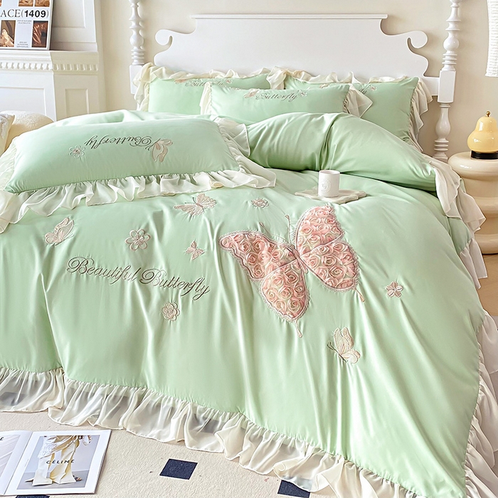 91家纺网 家纺一手货源 找家纺 富盛 2024新款水洗亲肤棉立体刺绣四件套公主风四件套-蝴蝶系列 蝴蝶-嫩绿