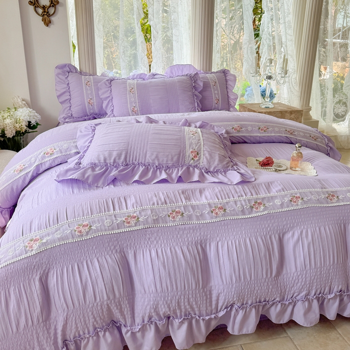 91家纺网 家纺一手货源 找家纺 仟网汇 2024新款韩版泡泡纱刺绣花边四件套 泡泡纱-薰衣草紫