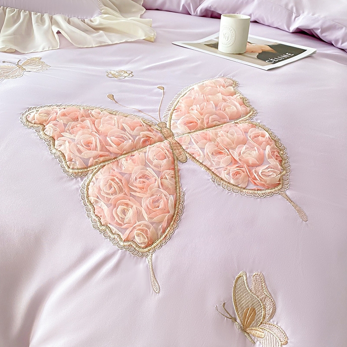 91家纺网 家纺一手货源 找家纺 富盛 2024新款水洗亲肤棉立体刺绣四件套公主风四件套-蝴蝶系列 蝴蝶-紫