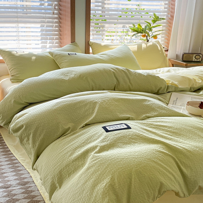 91家纺网 家纺一手货源 找家纺 梦之岛 2024miu贴标水洗磨毛华夫格四件套 miumiu -黄绿