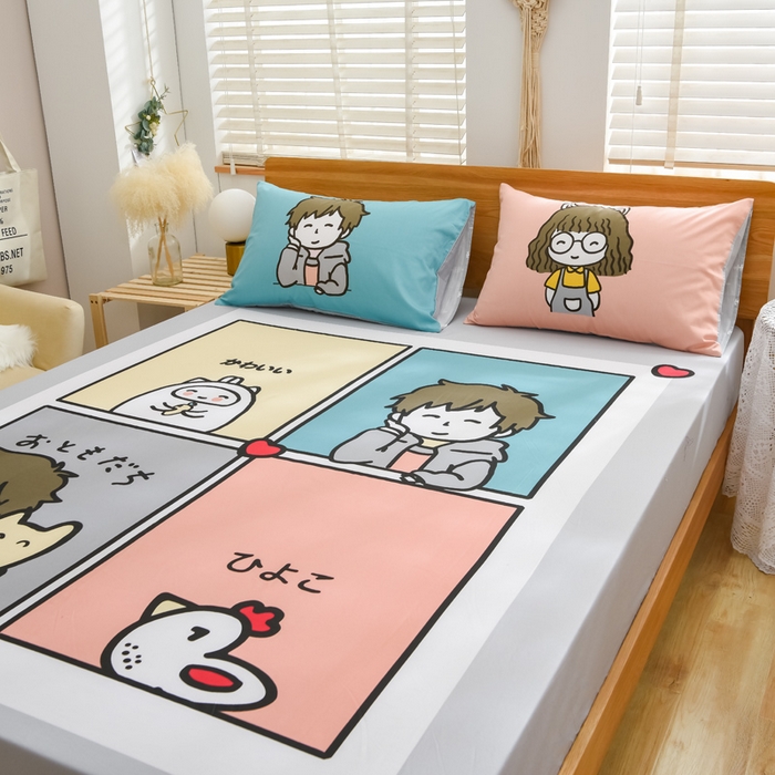 91家纺网 家纺一手货源 找家纺 沐白家居 2024新款纯棉喷气133*72二次元大版印花单床笠 城市少年