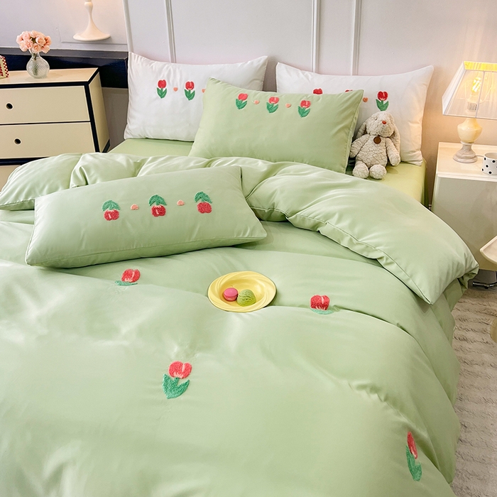 91家纺网 家纺一手货源 找家纺 艾米家居 2025水洗真丝四件套毛巾绣四件套-郁金香系列 水绿