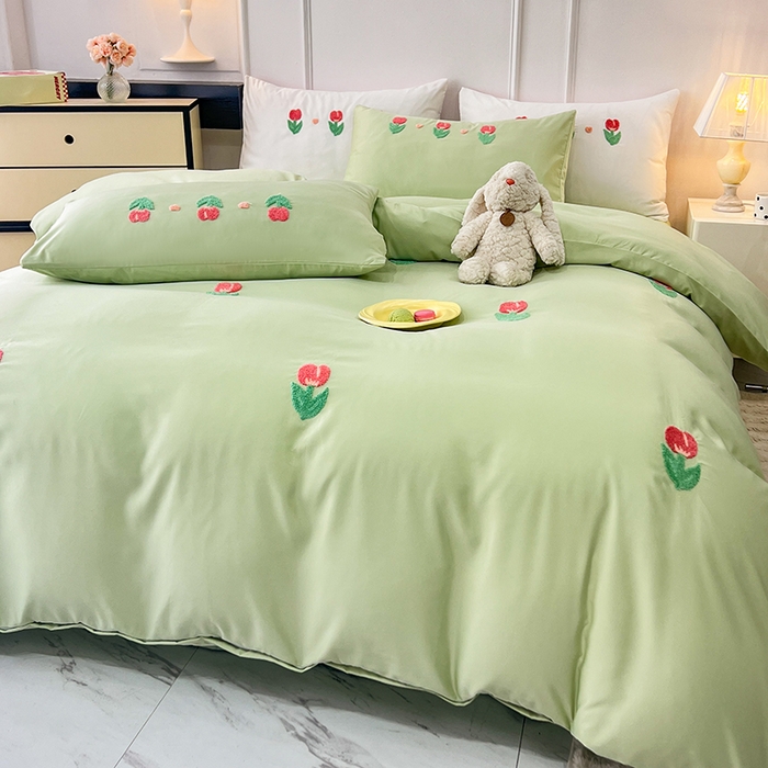 91家纺网 家纺一手货源 找家纺 艾米家居 2025水洗真丝四件套毛巾绣四件套-郁金香系列 水绿