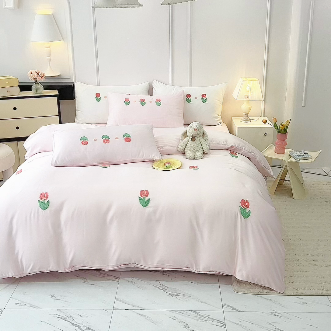 91家纺网 家纺一手货源 找家纺 艾米家居 2025水洗真丝四件套毛巾绣四件套-郁金香系列 粉