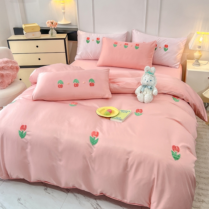 91家纺网 家纺一手货源 找家纺 艾米家居 2025水洗真丝四件套毛巾绣四件套-郁金香系列 豆沙