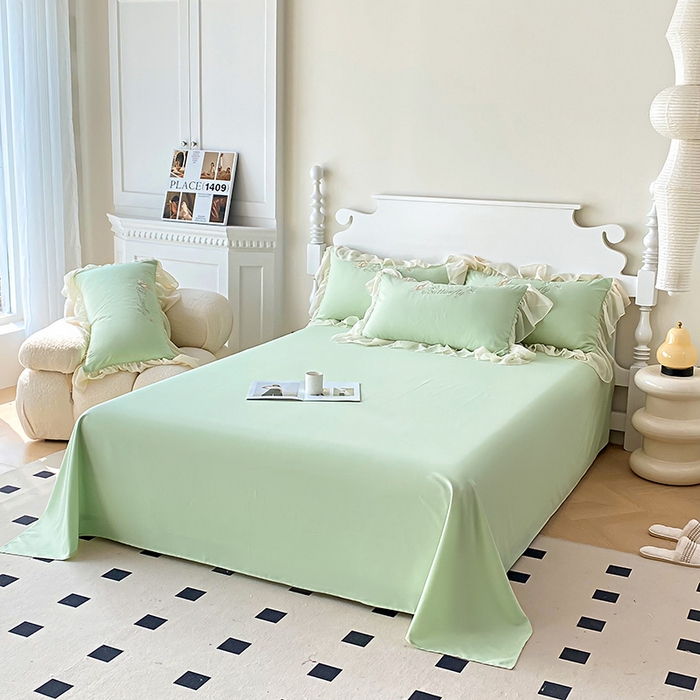 91家纺网 家纺一手货源 找家纺 富盛 2024新款水洗亲肤棉立体刺绣四件套公主风四件套-蝴蝶系列 蝴蝶-嫩绿