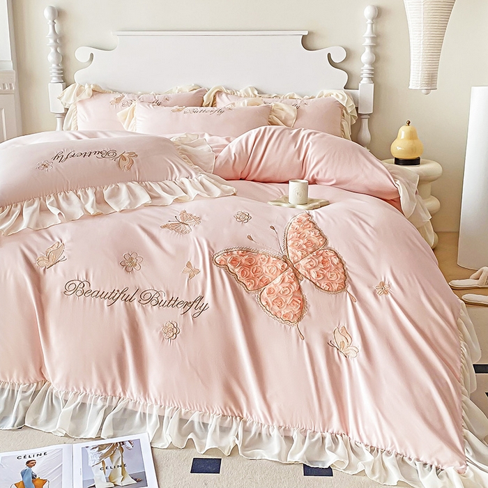 91家纺网 家纺一手货源 找家纺 富盛 2024新款水洗亲肤棉立体刺绣四件套公主风四件套-蝴蝶系列 蝴蝶-粉