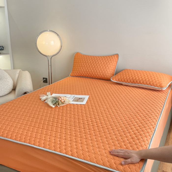 91家纺网 家纺一手货源 找家纺 欧邦 新款纯色A类凉感丝乳胶床笠三件套 南瓜色