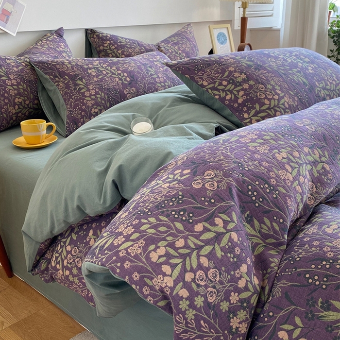 91家纺网 家纺一手货源 找家纺 2024新款全棉纯棉双层纱三层纱立体提花四件套 美好旋律