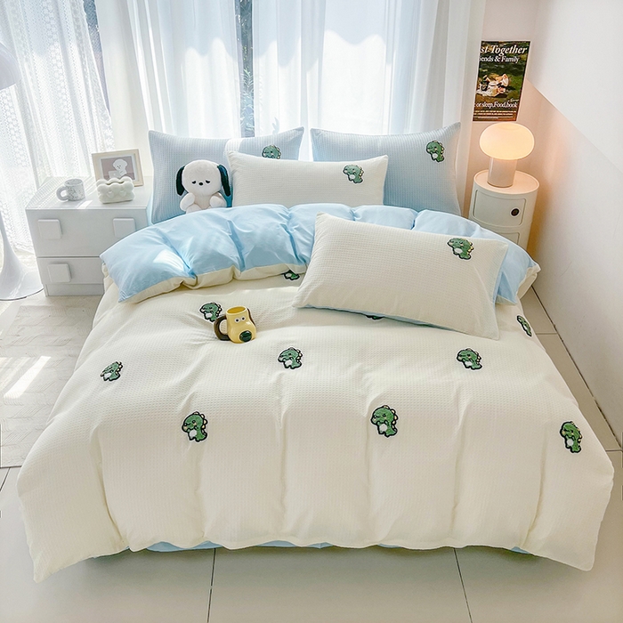 91家纺网 家纺一手货源 找家纺 慕尚 2025新款全棉华夫格毛巾绣四件套 恐龙之王白蓝