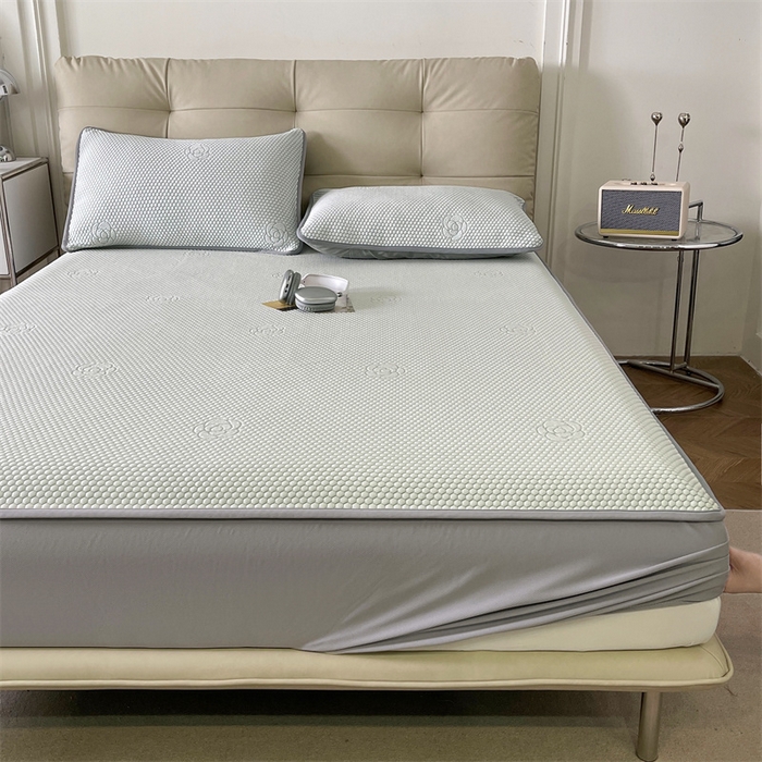 91家纺网 家纺一手货源 找家纺 2024新款抗菌凉豆豆提花床笠款凉席-花朵系列 花朵-冰豆绿