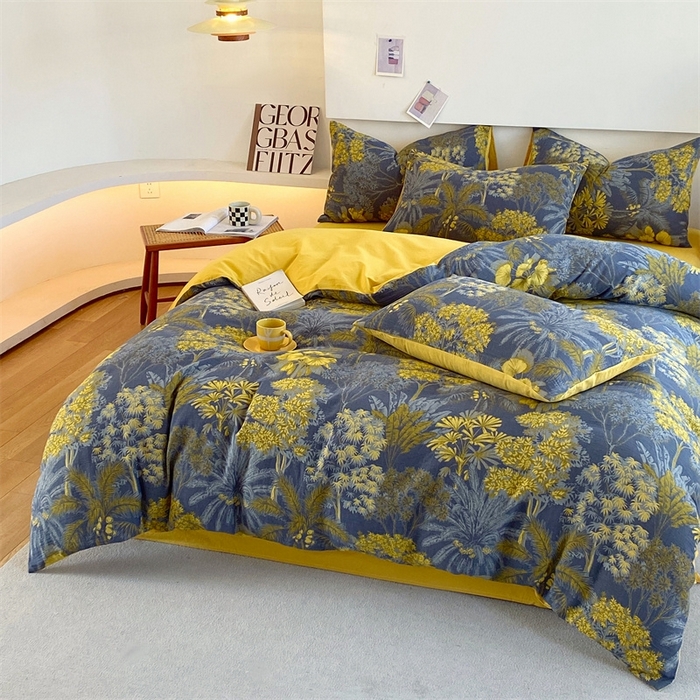 91家纺网 家纺一手货源 找家纺 2024新款全棉纯棉双层纱三层纱立体提花四件套 森林奇境