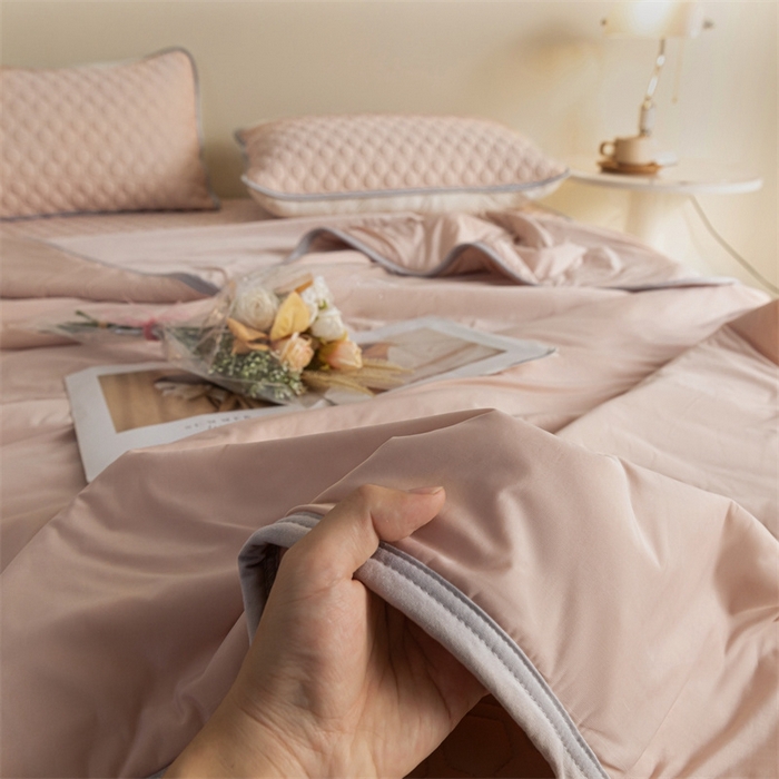 91家纺网 家纺一手货源 找家纺 欧邦 新款纯色A类凉感丝乳胶床笠三件套 苏梅粉