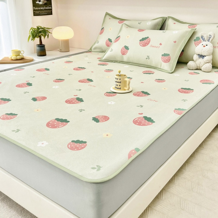 91家纺网 家纺一手货源 找家纺 全季家居 2024新款5A抗菌小清新数码印花冰藤席 床笠款-草莓