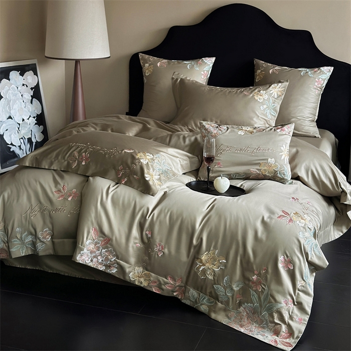 91家纺网 家纺一手货源 找家纺 鹿班家居 2024新款100支长绒棉精致刺绣系列四件套—去野标准会员-20 去野-瓦松绿