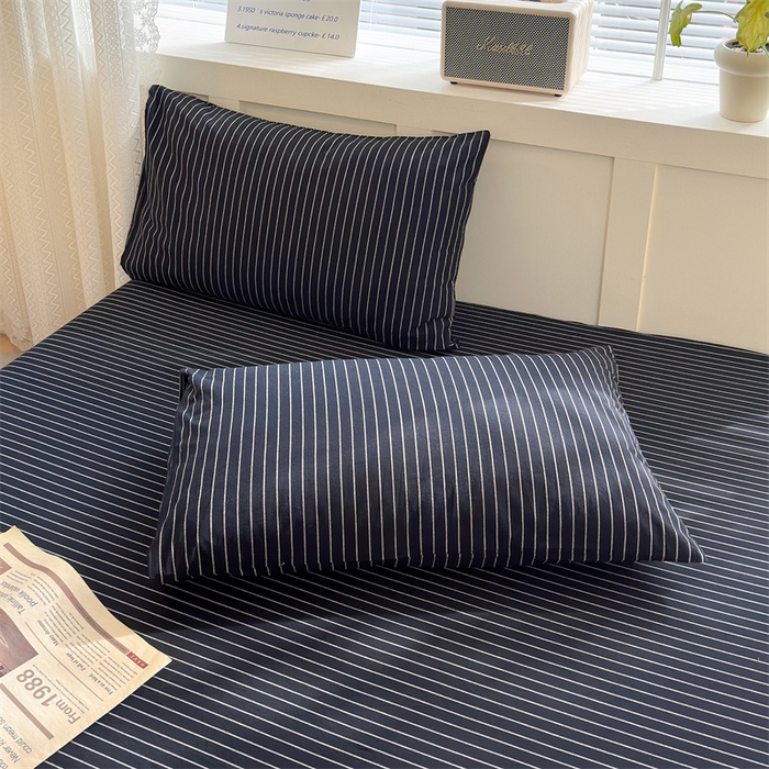 91家纺网 家纺一手货源 找家纺 北欧良品 2024新款水洗棉单品床笠、床单--格纹款（床笠、床单） 极简条黑