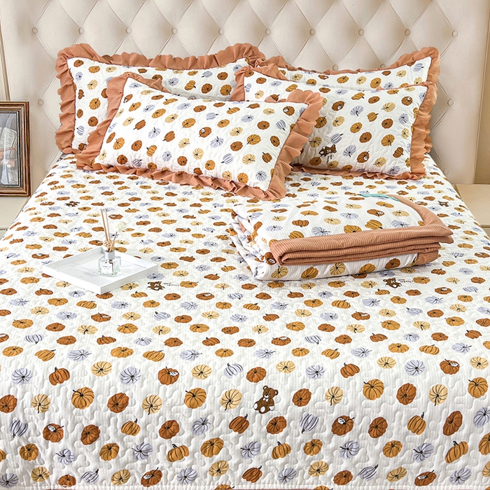 91家纺网 家纺一手货源 找家纺 梦柏家纺 2024新款亲肤泡泡棉夹棉床盖夏被四件套 小南瓜