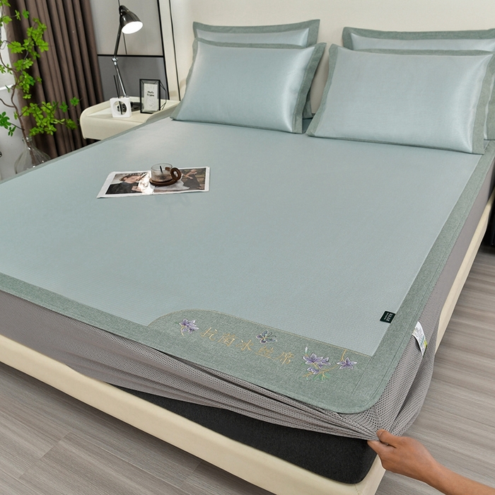 91家纺网 家纺一手货源 找家纺 简一 2024新款600D紫荆花开A类抗菌席 床笠款 浅绿