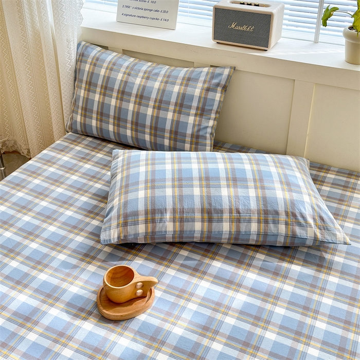 91家纺网 家纺一手货源 找家纺 北欧良品 2024新款水洗棉单品床笠、床单--格纹款（床笠、床单） 简兮蓝