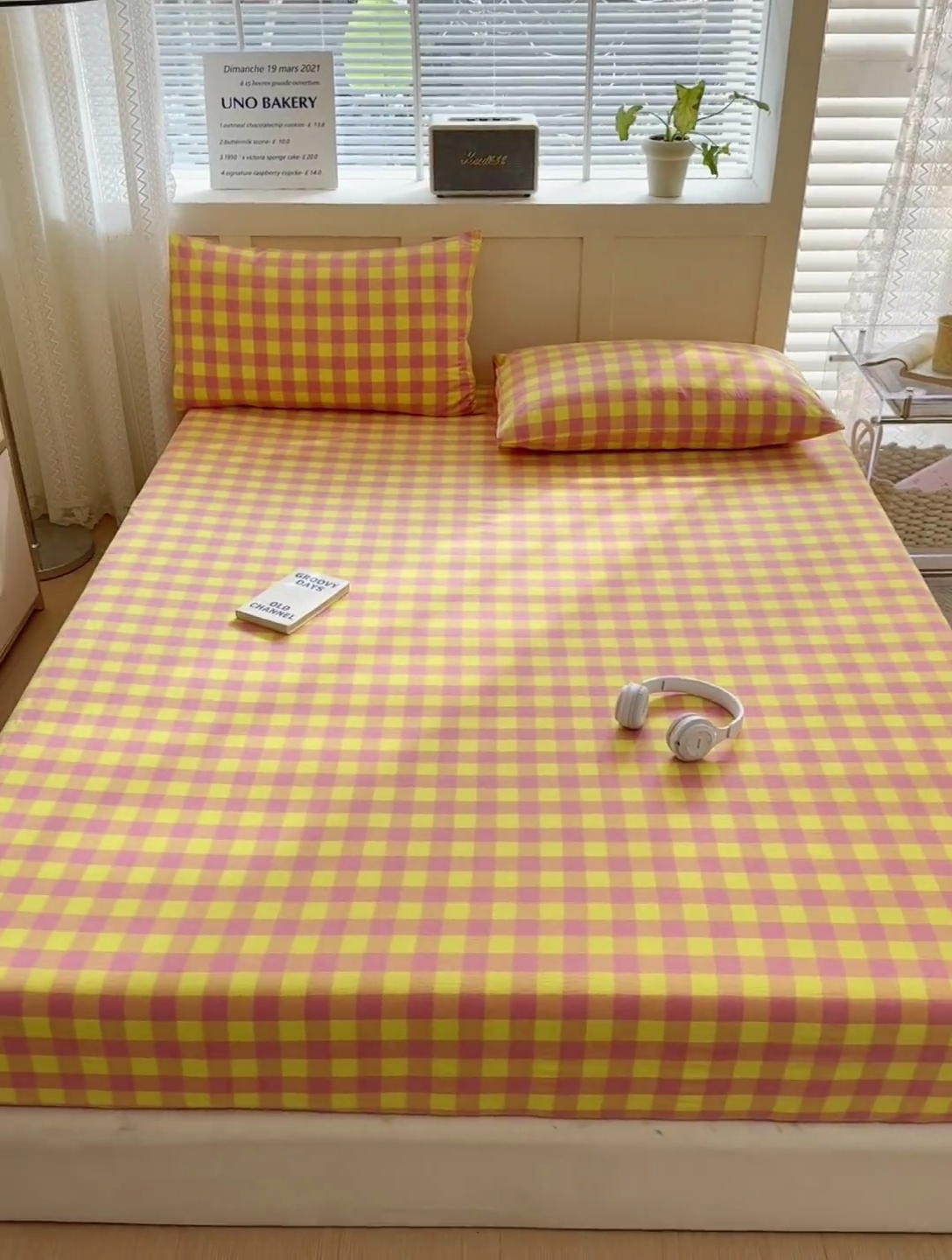 91家纺网 家纺一手货源 找家纺 北欧良品 2024新款水洗棉单品床笠、床单--格纹款（床笠、床单） 粉黄中格