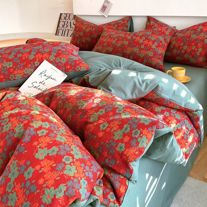 91家纺网 家纺一手货源 找家纺 2024新款全棉纯棉双层纱三层纱立体提花四件套 萨曼红