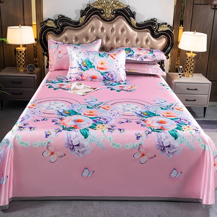 91家纺网 家纺一手货源 找家纺 肖恩 2025新款冰丝印花凉席三件套 花开富贵粉