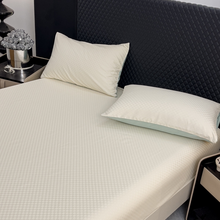 91家纺网 家纺一手货源 找家纺 金鑫汇 2024新款提花小方格全棉套件单品系列-单床笠 奶昔白-水绿